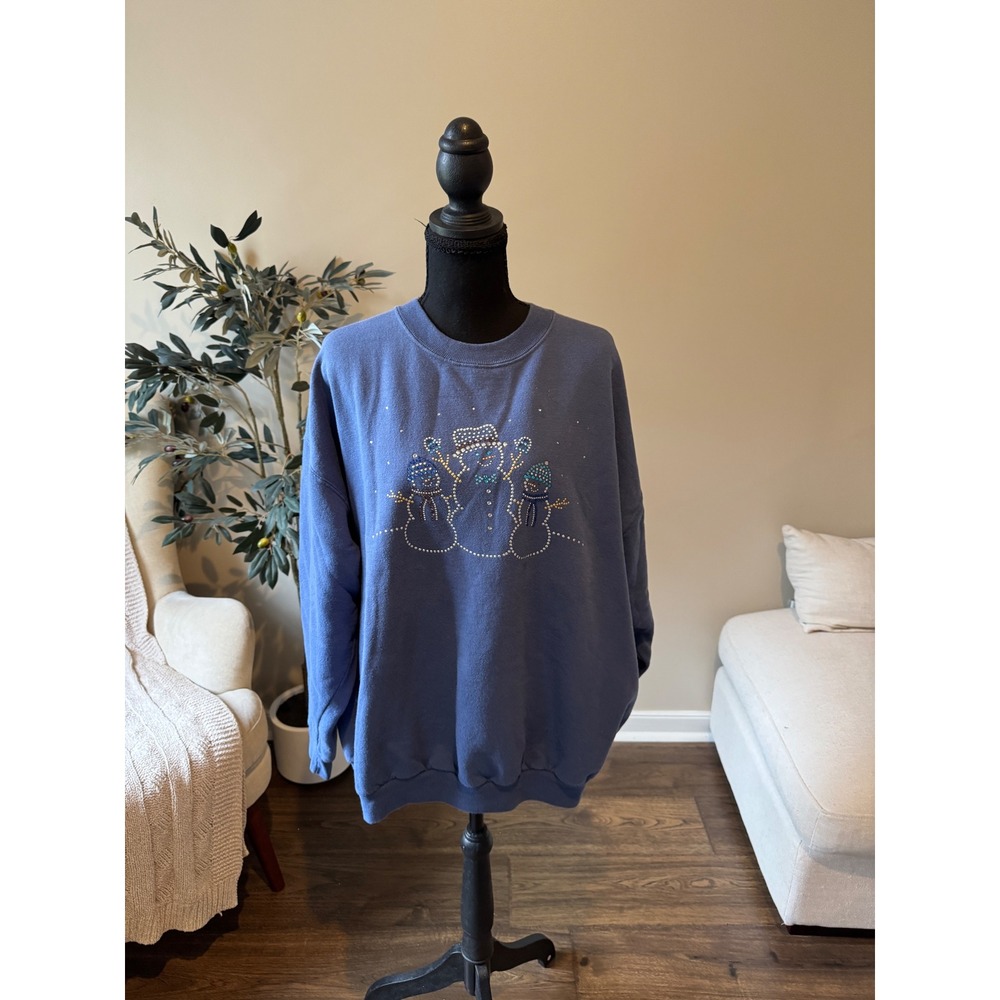 Sunburst by Morning Sun Vintage Blue Rhinestone Snowman Sweatshirt XL